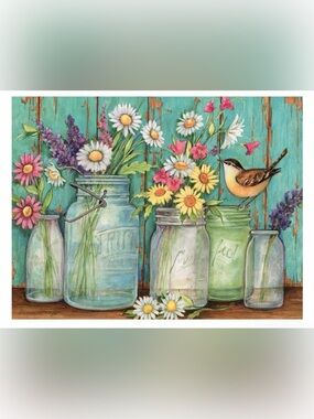 Floral Mason Jar Wall Art - Aqua & Pastel Floral Print
